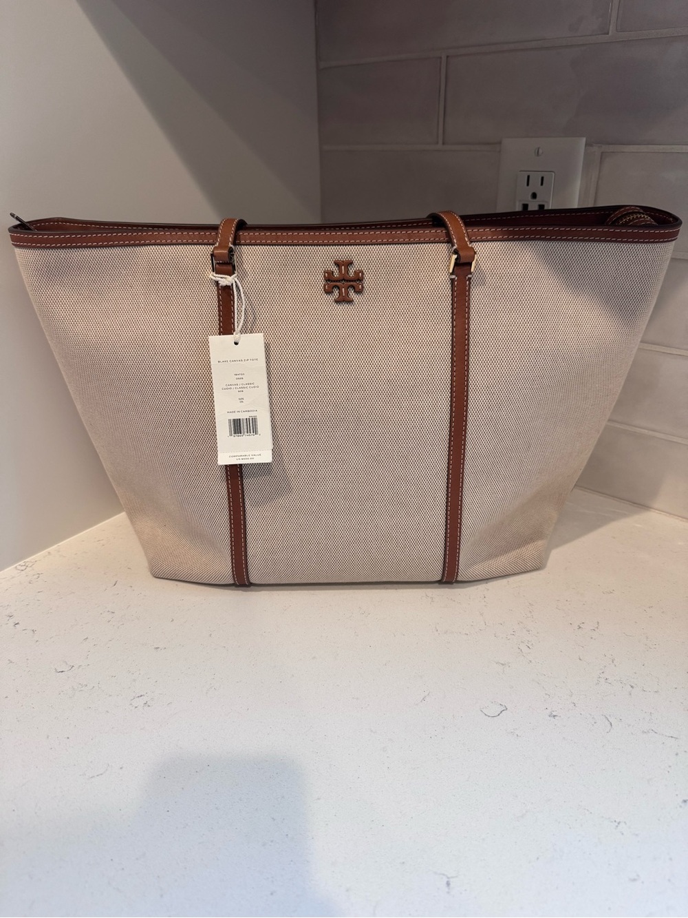 Tory Burch Beige Blake Canvas Tote with Brown Leather Trim with Crossbody Strap